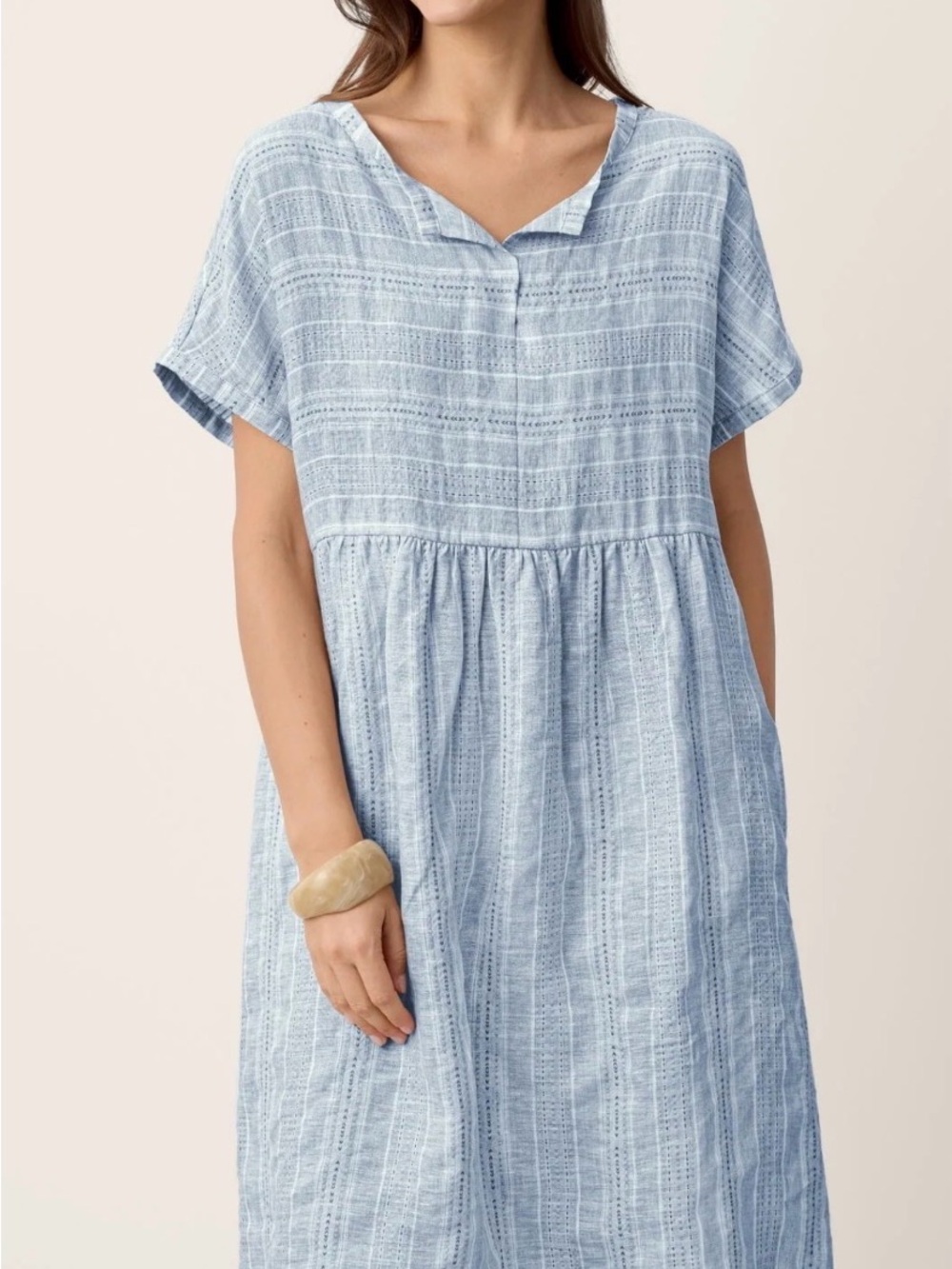 Lintico Linen Gathered-Hem Split-Neck Mini Dress SYDNEY